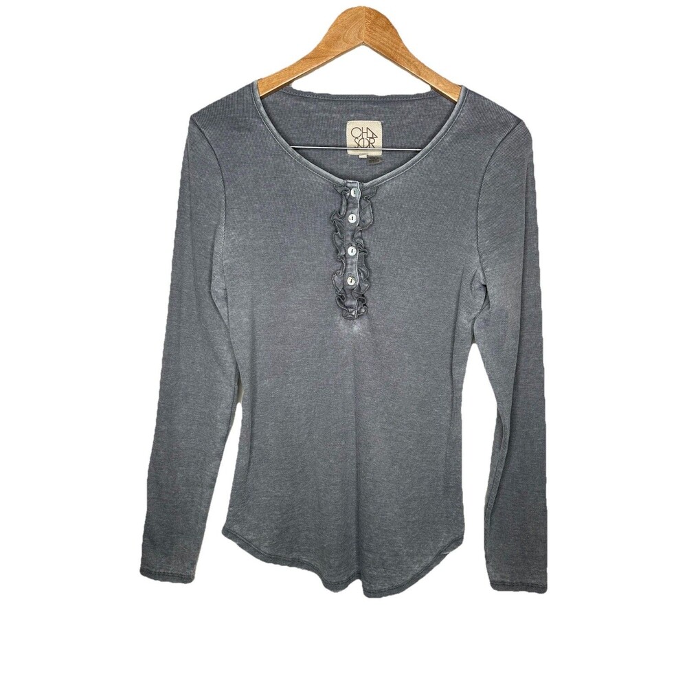 Chaser Womens Size Large Long Sleeve Ruffle Front Super Soft Henley Top